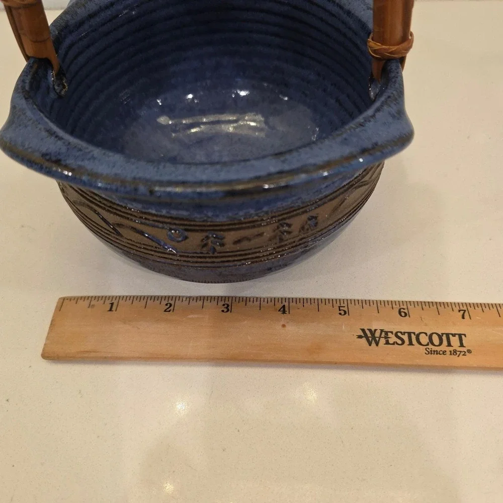 Groundhog Blue Studio Pottery Glazed Ceramic Bowl with Wood Handle Signed Basket